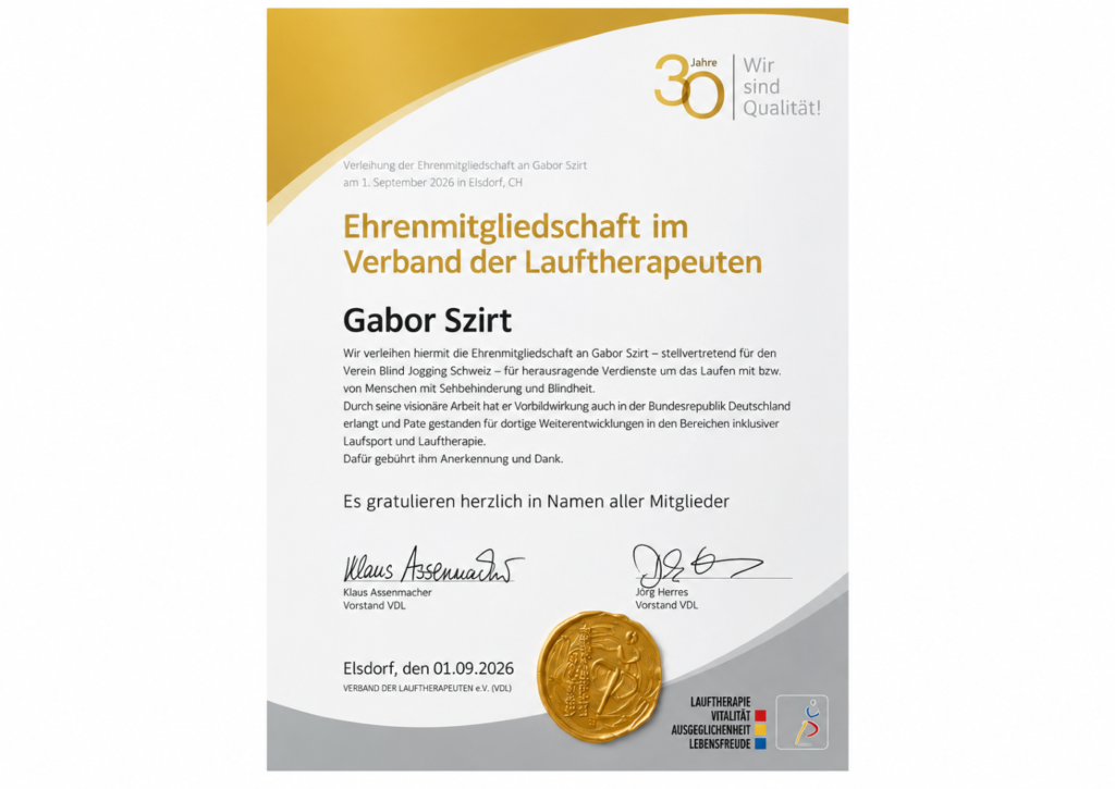 20. Jubiläumsfest Blind-Jogging - Ehrenmitgliedschaft Verein der Lauftherapeuten Deutschland