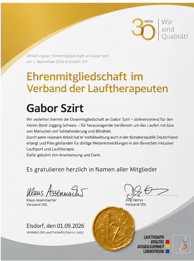 Blind-Jogging Auszeichnung des Verbands für Lauftherapeuten Deutschland