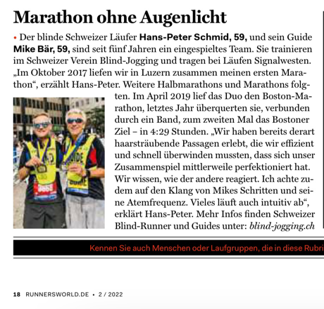 Artikel in Runnersworld Februar 2022 zu Hans-Peter und seinem Guide Mike am Boston Marathon in 2019